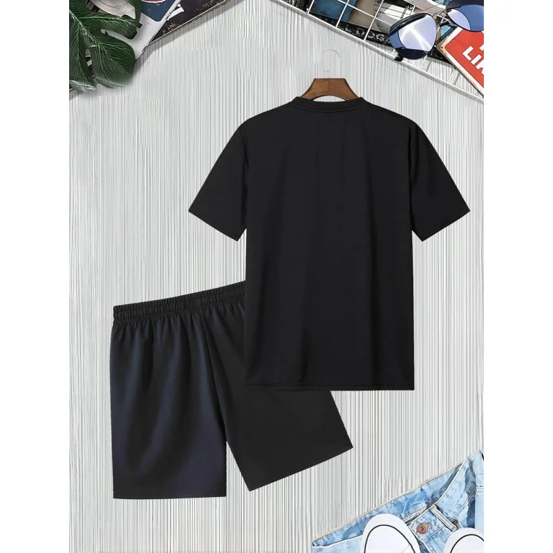 MILANO ITALY Letter Print Men's Two-Piece Set,Casual round neck short sleeves T Shirt and Pocket Drawstring Shorts,Cool and Comf