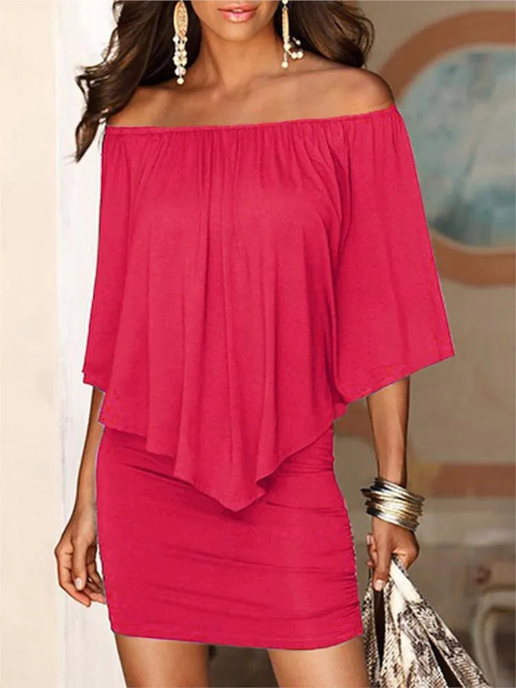 2025 Spring/Summer New Fashion Slash Neck Geometric Irregular Ruffles Wrapped Hips Dresses Casual Elegant Sexy Women Mini Dress