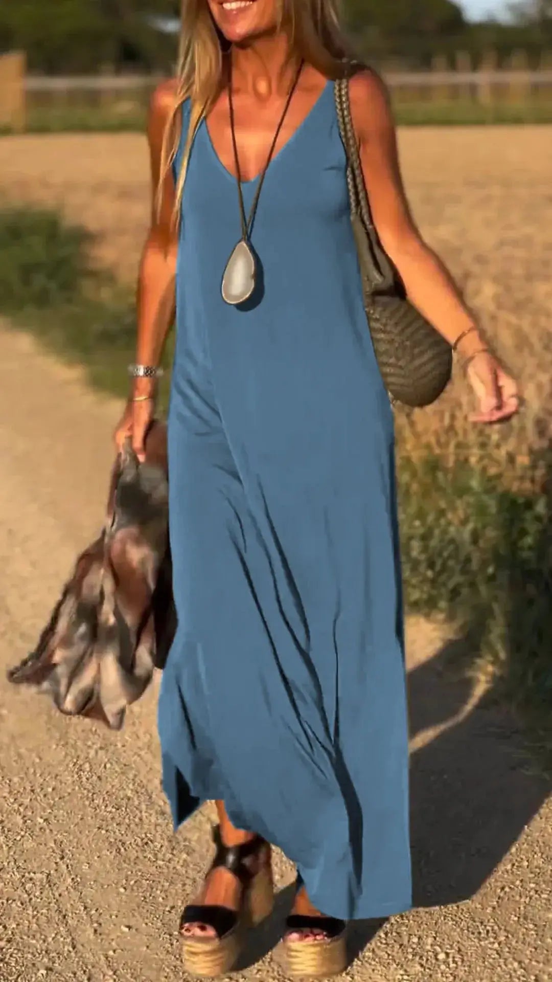 2025 Summer New Women's Fashion Solid Color Sexy V-neck Sleeveless Strap Casual Loose Long Ankle Dress