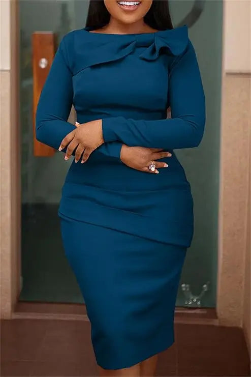 Women's Elegant Long Sleeve Denim Midi Dress - Turndown Collar, Side Slit & Button-Up Front - Asymmetrical Hem 100% Cotton Light