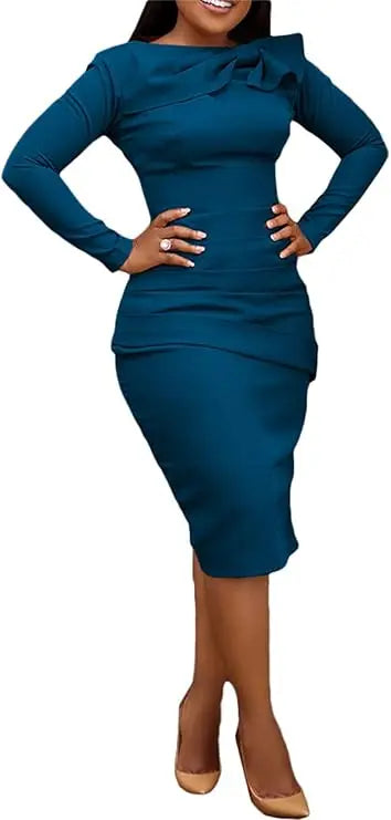 Women's Elegant Long Sleeve Denim Midi Dress - Turndown Collar, Side Slit & Button-Up Front - Asymmetrical Hem 100% Cotton Light