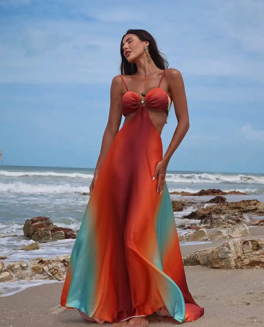 Sexy Striped Maxi Dress - Gradient Orange Blue Sleeveless Backless Cami Dress with Cut-Out Detail for Beach & Party