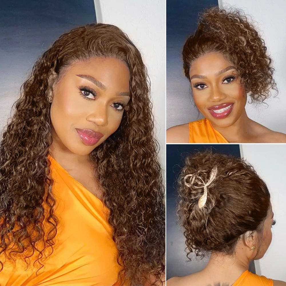 250 Density Deep Wave 360 Lace Front Human Hair Wig Water Wave Colored Lace Frontal Wig Chocolate Brown Glueless Wig Human Hair