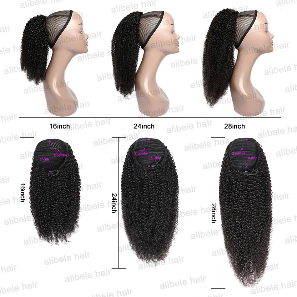 Alibele Afro Kinky Curly Drawstring Ponytail Human Hair Extensions Mongolian 4B 4C Remy 10-28 inch Clips In Wrap Around Ponytail