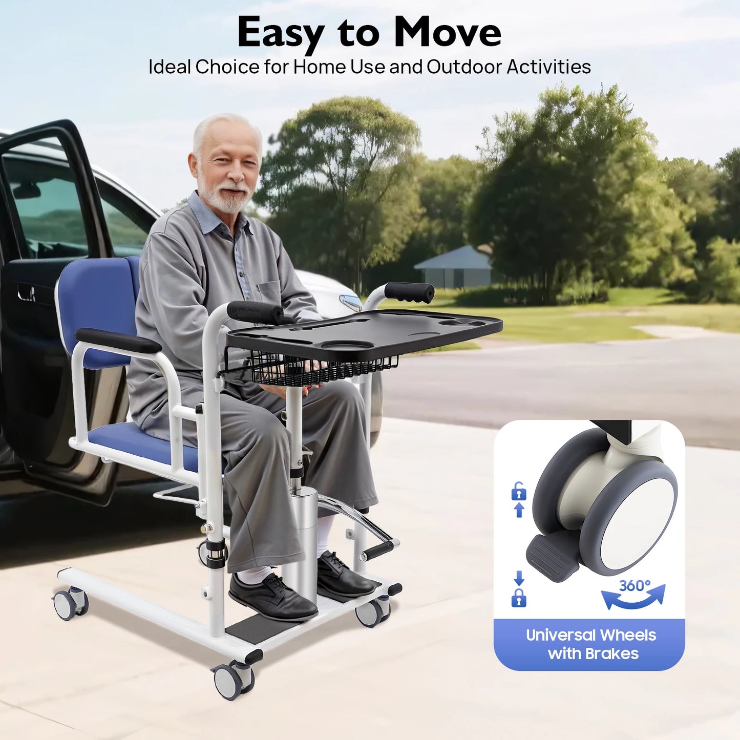 330lbs Hydraulic Patient Lift Chair 180° Split Bath Commode Seat Transfer Adjustable Height Detachable Cushion & Portable Potty