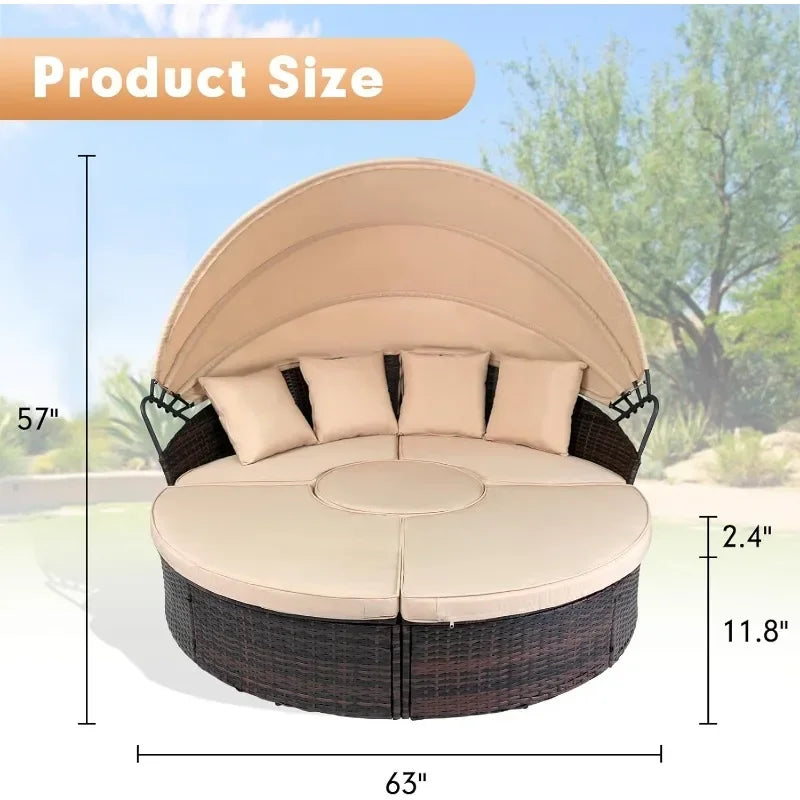 NEW Outdoor Patio Daybed with Retractable Canopy, Wicker Rattan Sectional Round Sofa Furniture Set, 5 Pieces Seating Separates