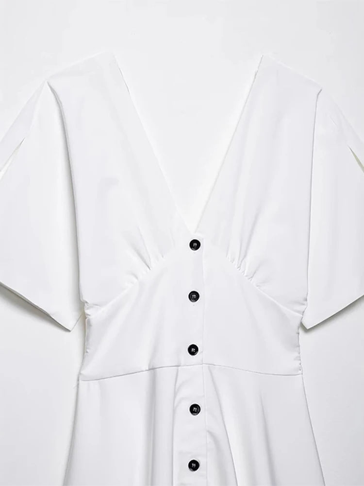 Elegant Single Breasted Long Dress Women White V-Neck Short Sleeve Female Party A-line Dresses 2025 Summer Lady Vacation Robes