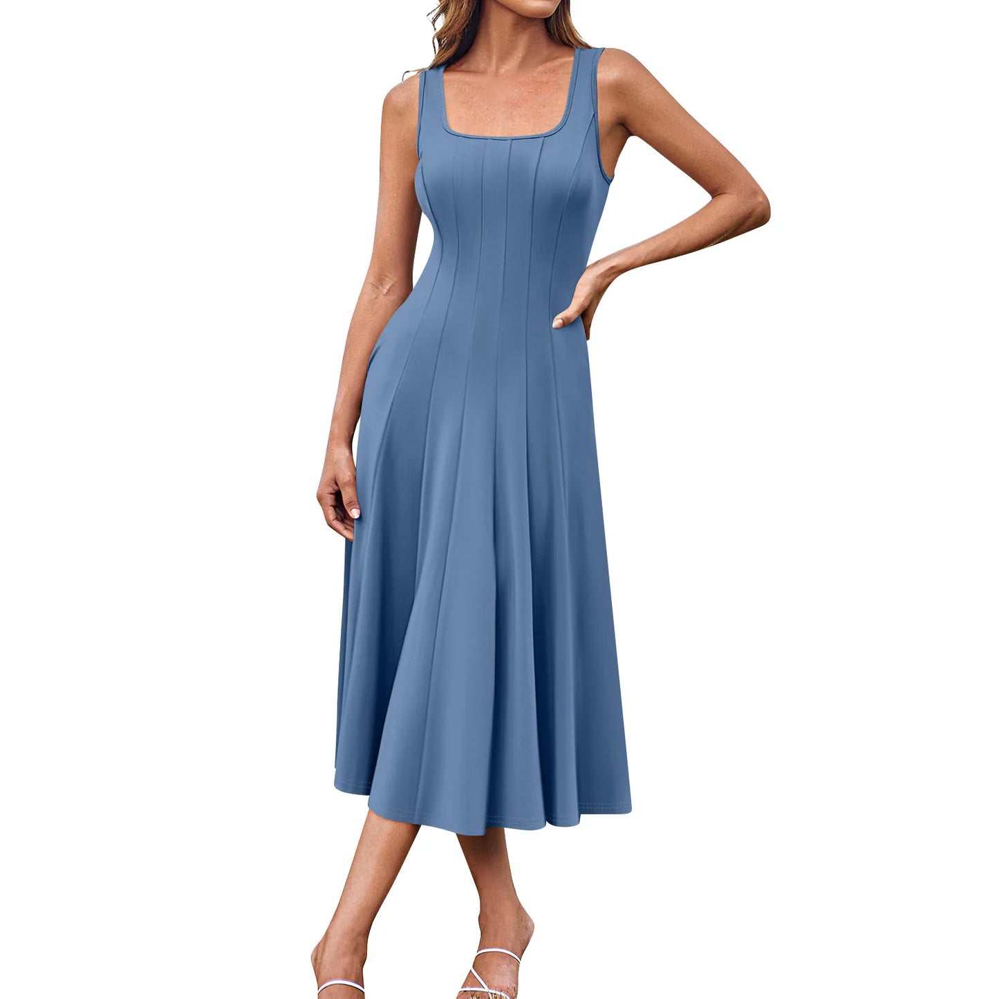 Women's Elegant solid color dress Spring Summer Casual Fashion long dresses Round Neck Sleeveless Side Pocket Midi Dress