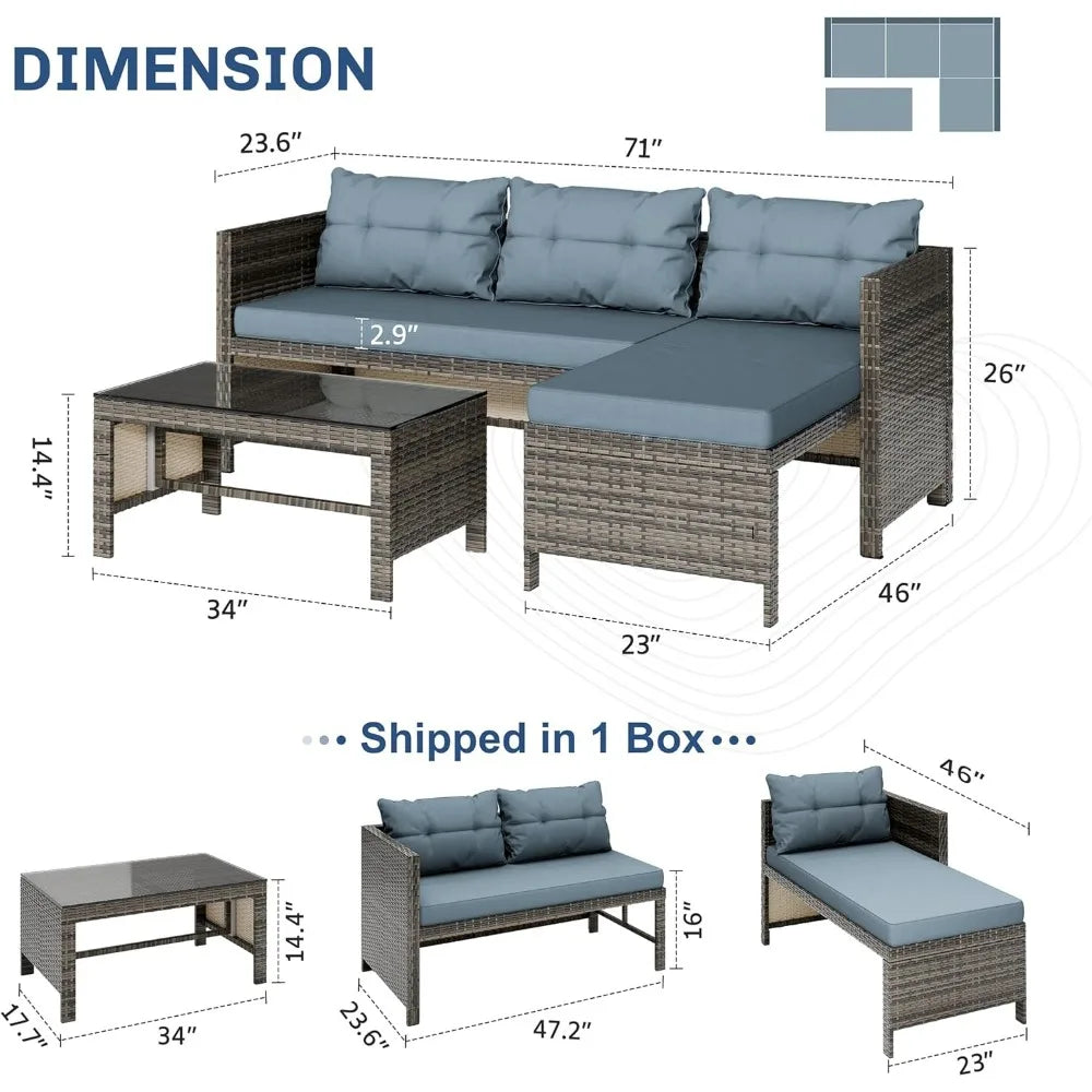 Outdoor Patio Furniture, 3-Piece Waterproof Outdoor Sectional Sofa All-Weather L Shaped Patio Couch with Cushion Glass Table