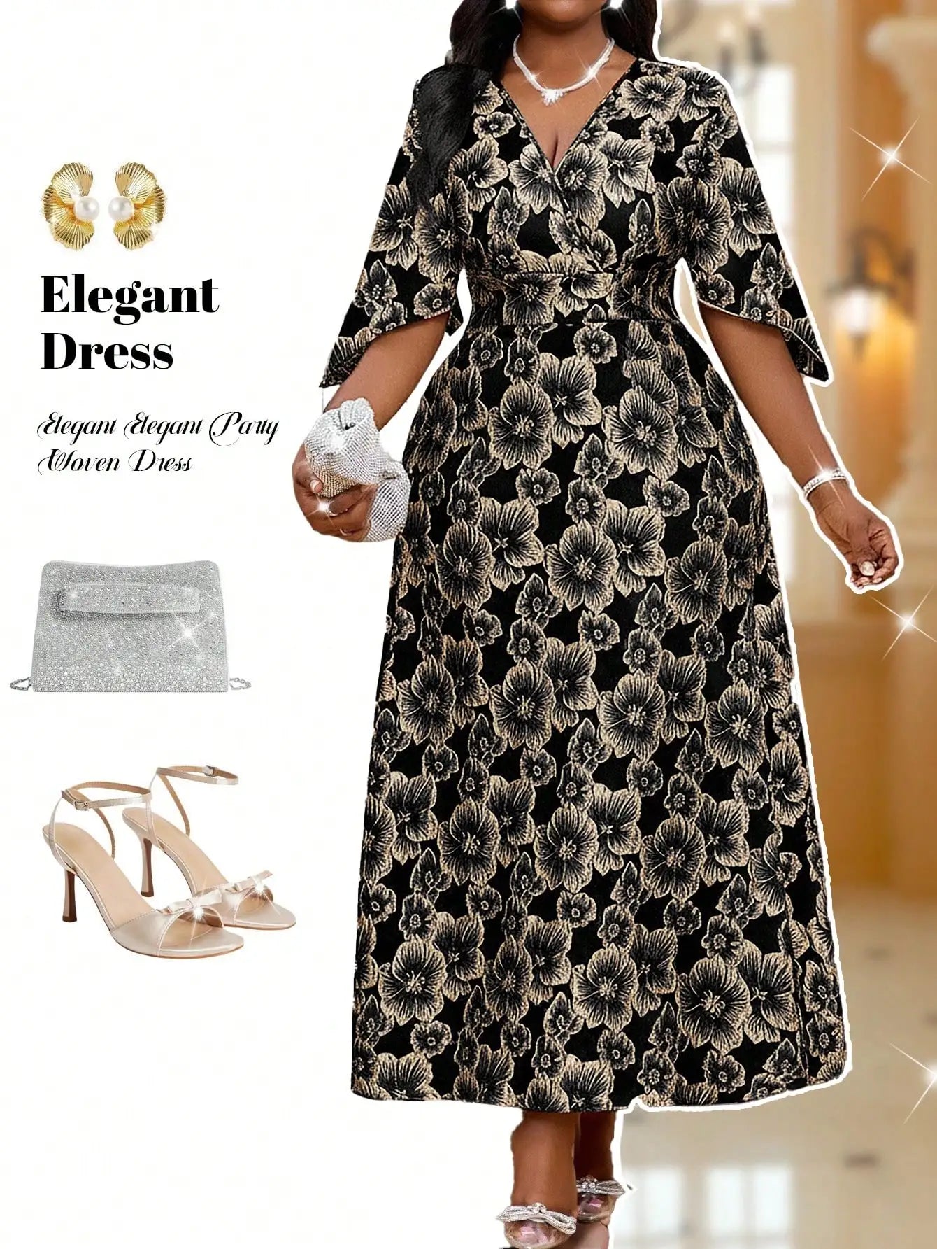 2025 Plus Size V-Neck Floral Gold Embroidered Midi Dress for Party & Christmas