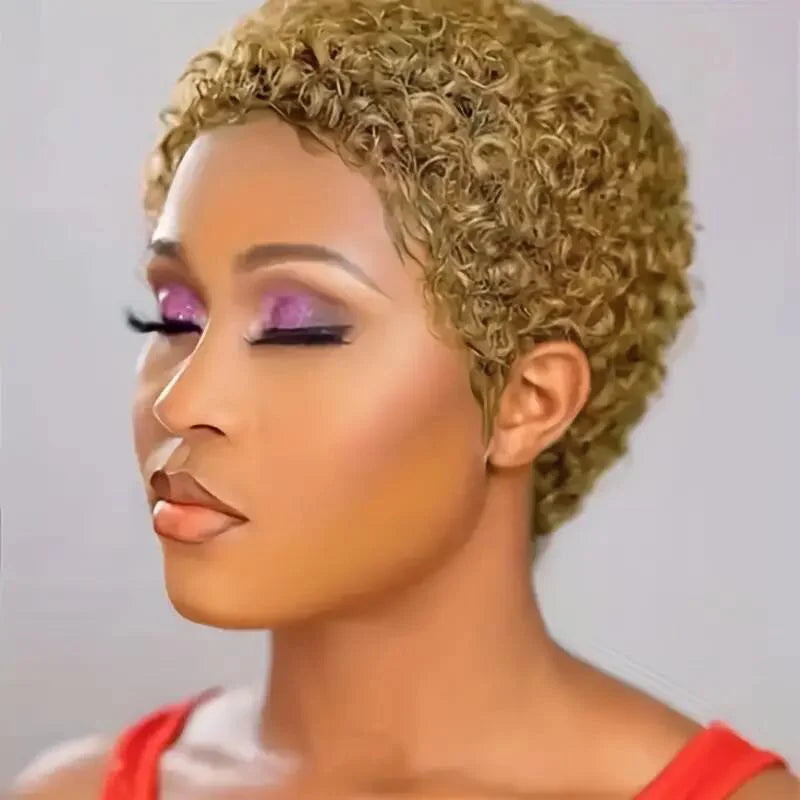Pixie Cut Kinky Curly Wig-Natural Black 99J 30# 27# Brazilian Human Hair, 150% Density for Everyday Machine Made Wig