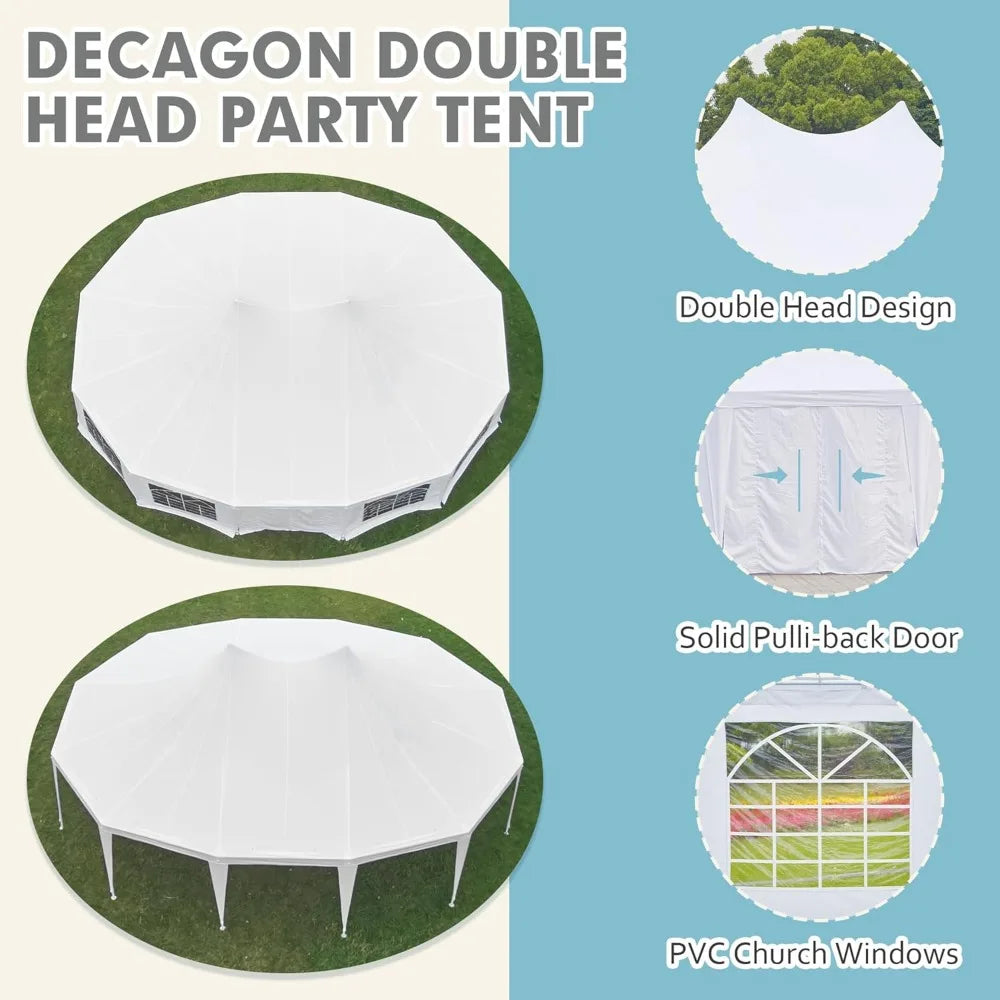 29x23ft Party Tent, White Wedding Tent, Dodecagonal Heavy Duty Canopy with Removable Sidewalls, 10 Church Windows and 2 Pull-Ba