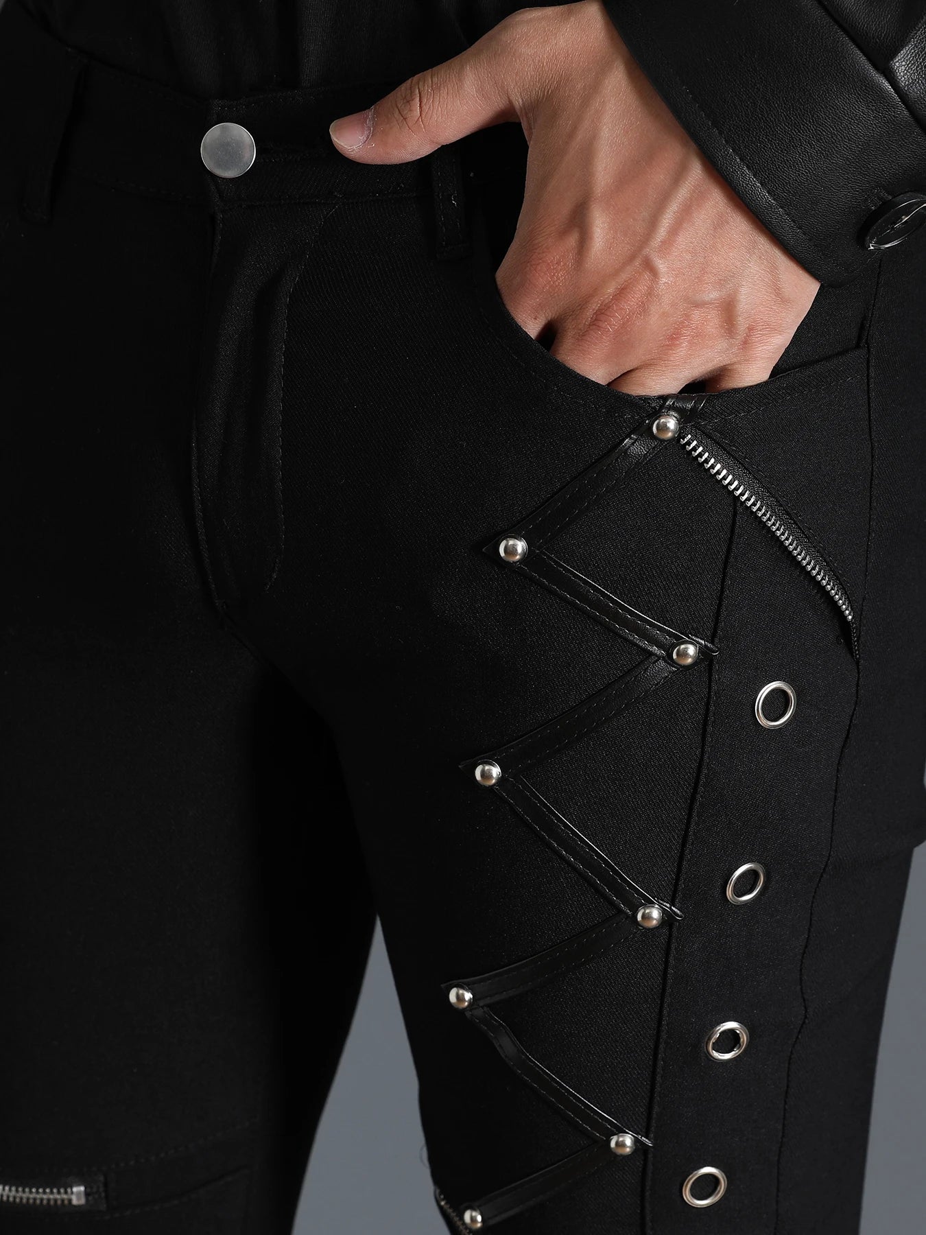 Men's Motorcycle Gothic Steampunk Stylish rock style Zippers studded  Rivet Elastic Stretchy Night Club Denim Jeans Biker Pants