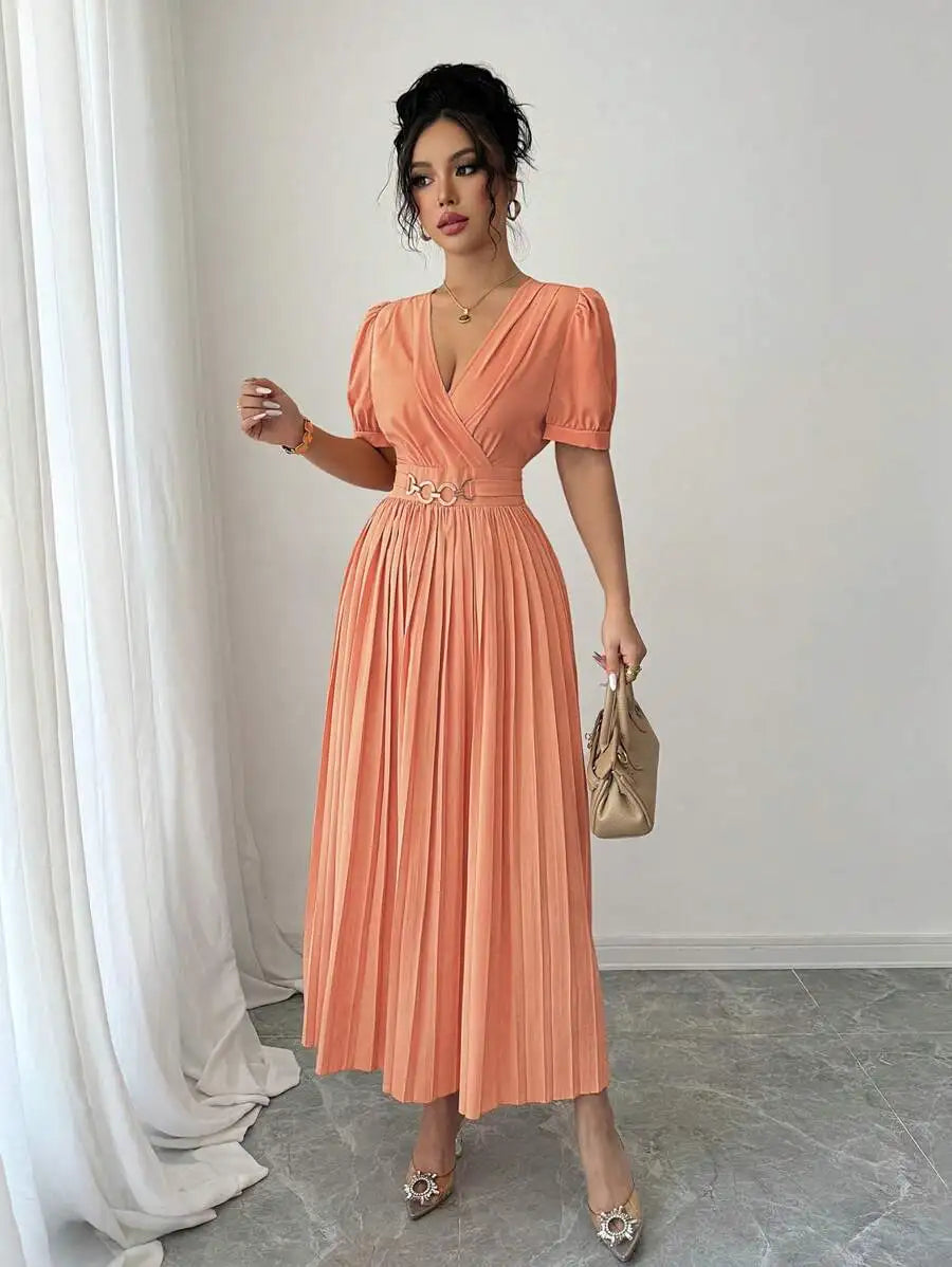 Peach Pleated A-Line Dress with V-Neck, Puffed Sleeves and Decorative Waist Belt