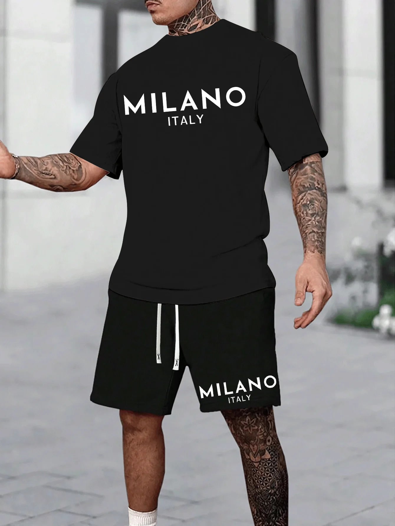 MILANO ITALY Letter Print Men's Two-Piece Set，Casual round neck short sleeves T Shirt and Pocket Drawstring Shorts，Cool and Comf