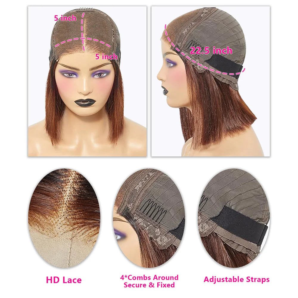 180% Density Toffee Brown Short Bob Lace Front Wig Human Hair Glueless Closure HD Lace Short Bob Wig Pre Plucked For Women