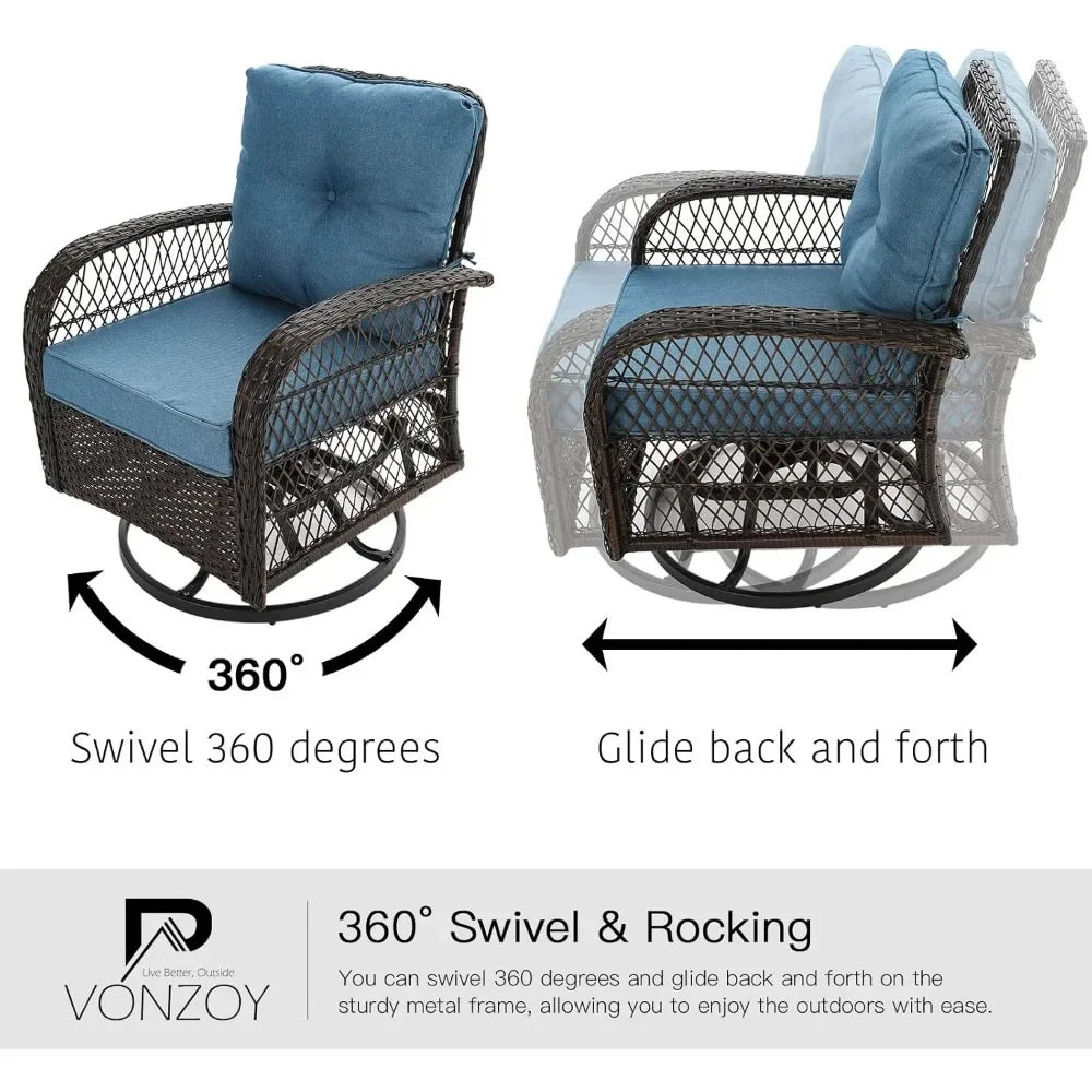 3 Pieces Patio Furniture Set,  Wicker Patio Bistro Set with Rocking Chair, Thickened Cushions and Table for Porch (Blue)