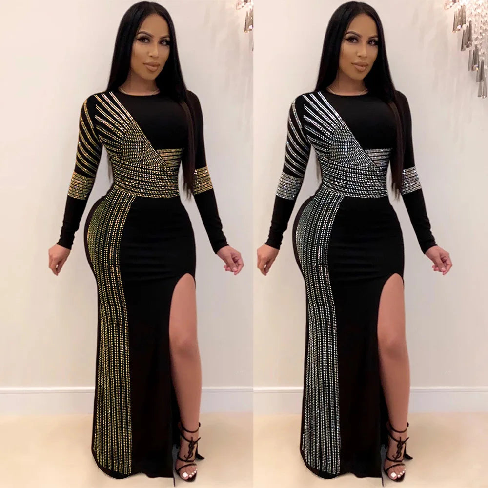 Women High Split Long Dress Shiny Rhinestone Long Sleeve Bodycon Evening Party Dress Elegant O-Neck Wrapped Hip Cocktail Dress