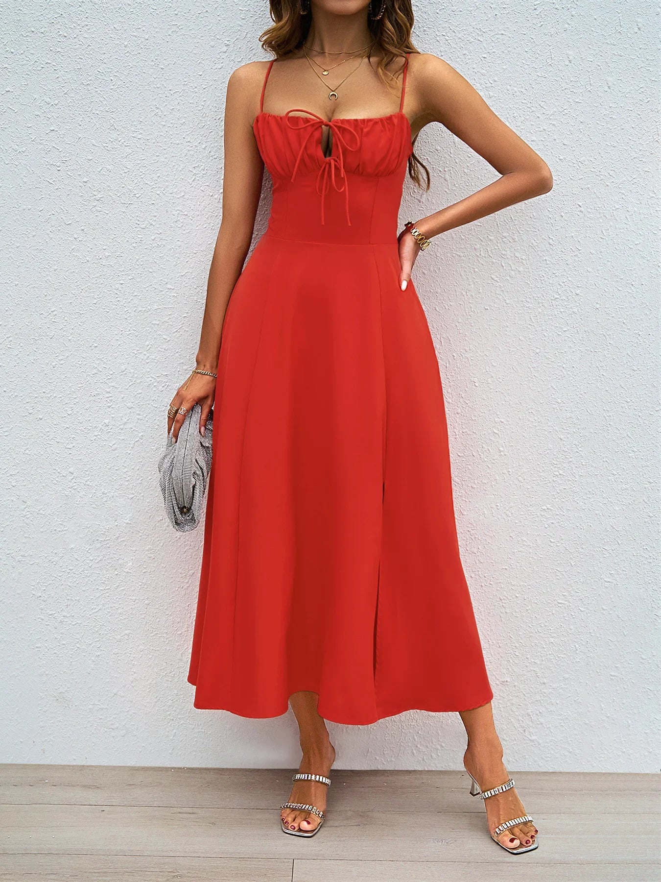 Women's Red Dress Solid Color Elegant High Waist Suspender Backless Long Dress Sexy Slim Fit High Slit Evening Gown Dress 2024