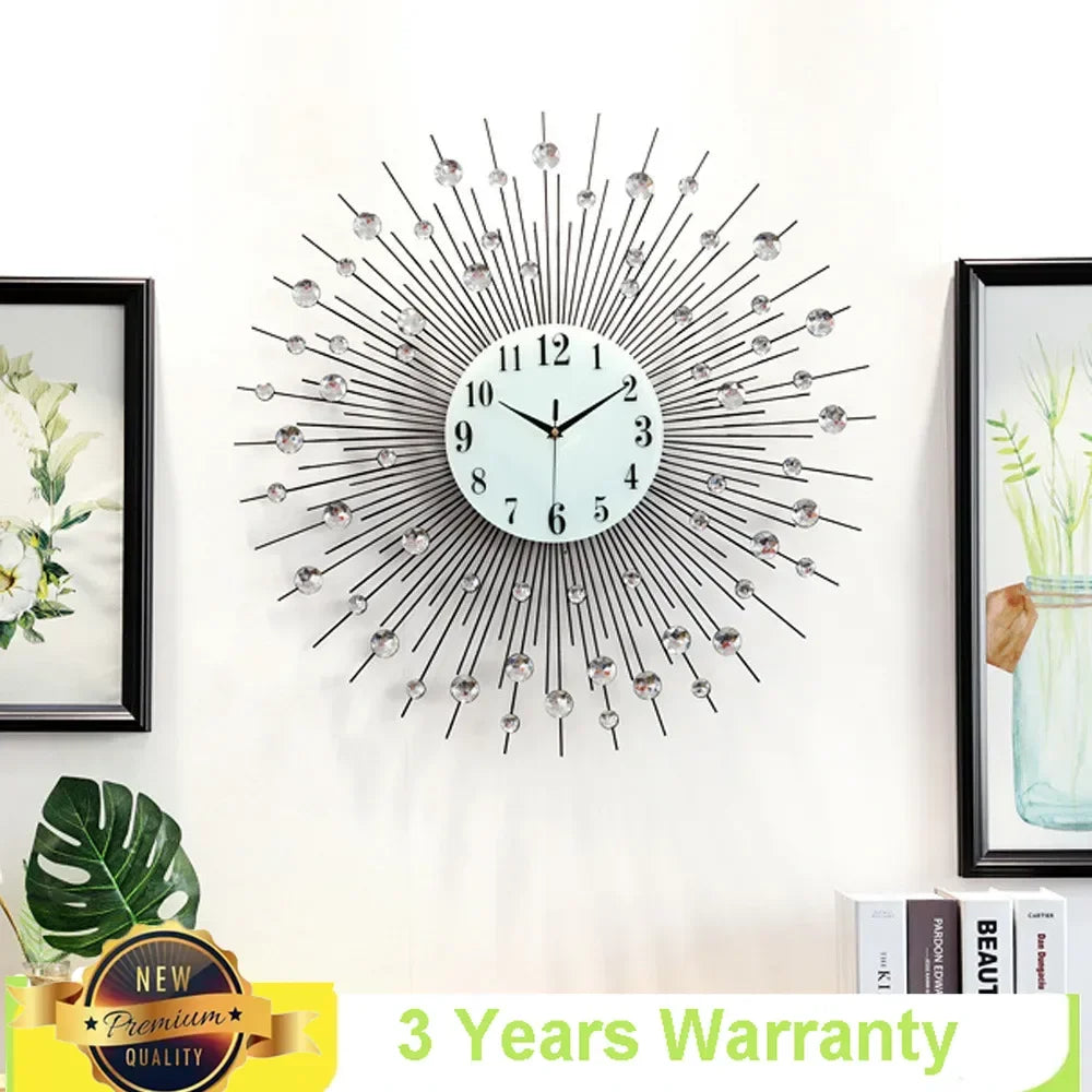 3D Large Metal Sunburst Wall Clock Luxury Battery Operated Home Decor Modern Round Diamond Large Luxury Art Wall Watch 60x60cm