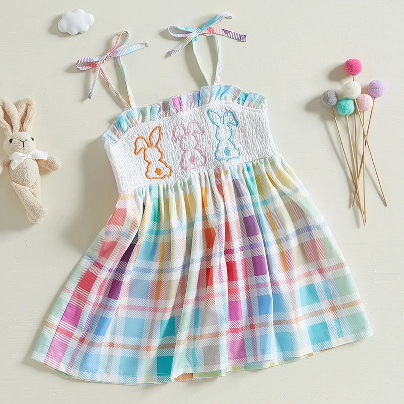 Girls Floral Print Dress Sleeveless Ruffle Hem Bow Tie Back Smocked Dress Toddler A-Line Dress with Embroidery