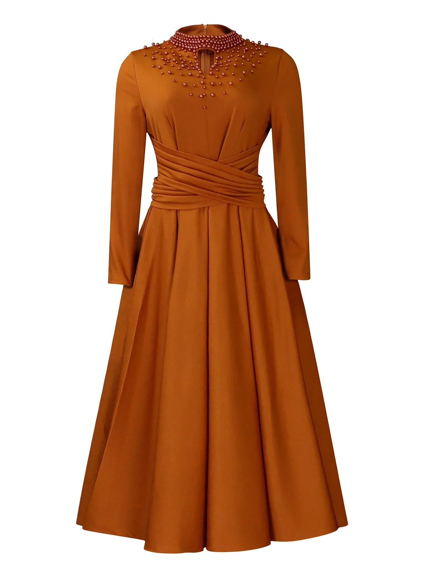 Women's Solid Color 2024 Autumn New Long Sleeve Fashionable High Neck Hollow Out Elegant Beaded Hem Cinched Waist Long Dress