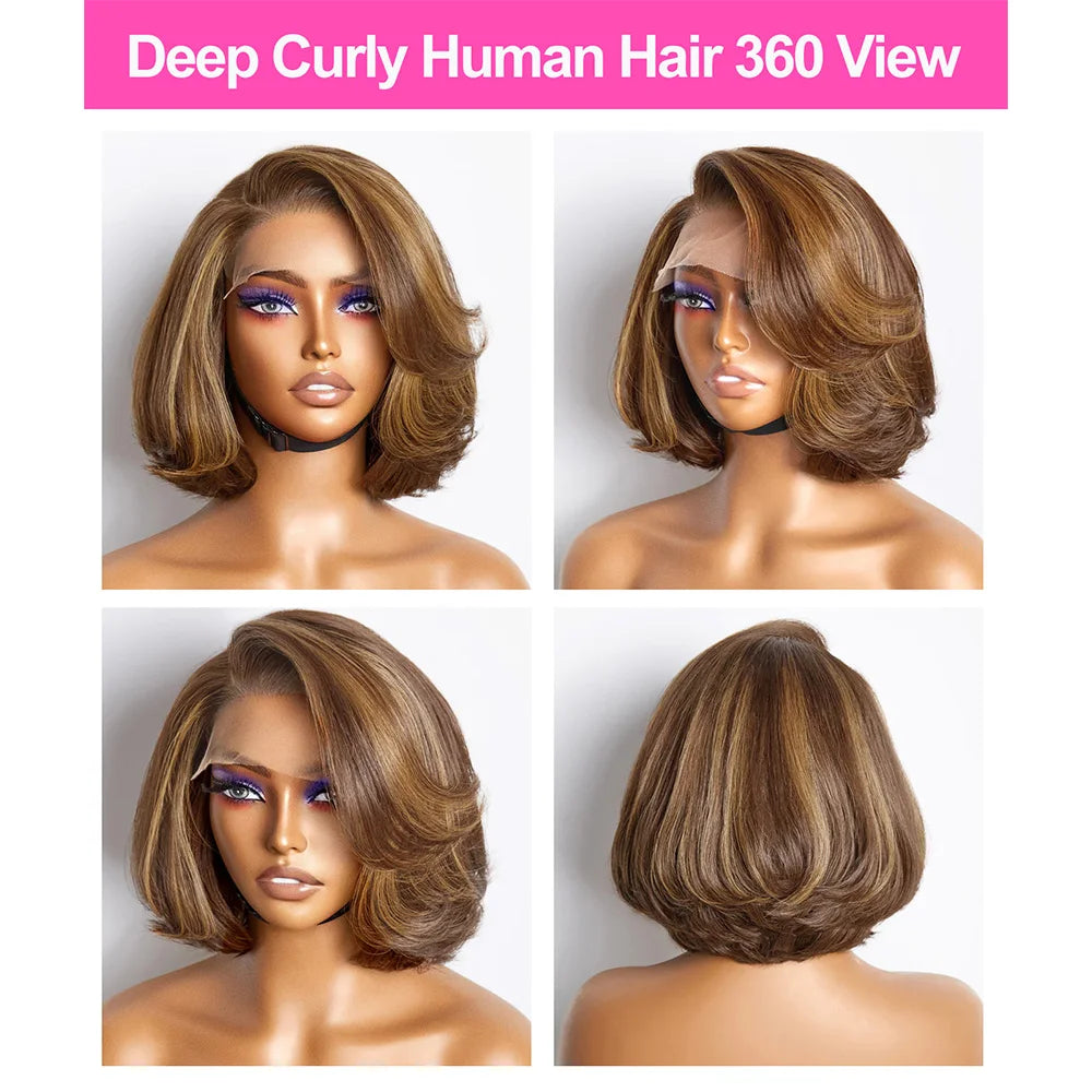 180% Density Toffee Brown Short Bob Lace Front Wig Human Hair Glueless Closure HD Lace Short Bob Wig Pre Plucked For Women