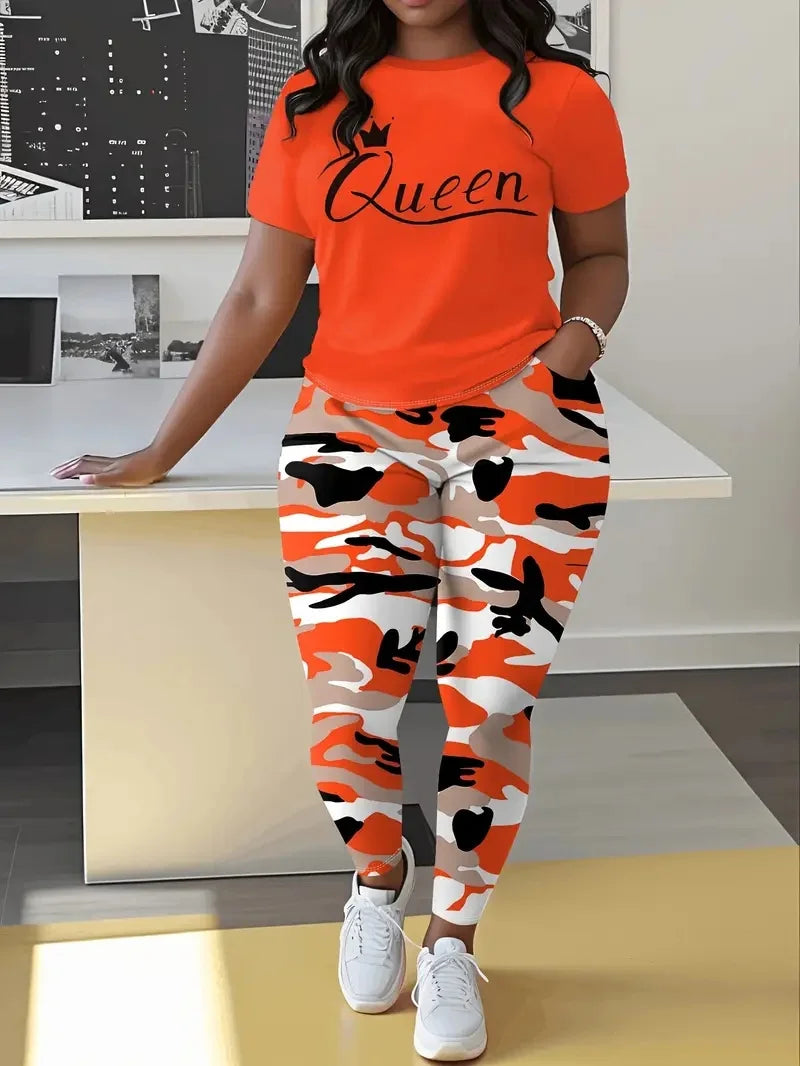 Plus Size Women's Casual Suit, Fashion Letter Print Camouflage Pants Two-Piece Set