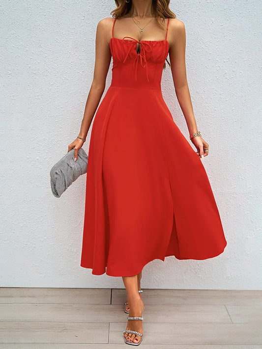 Women's Red Dress Solid Color Elegant High Waist Suspender Backless Long Dress Sexy Slim Fit High Slit Evening Gown Dress 2024