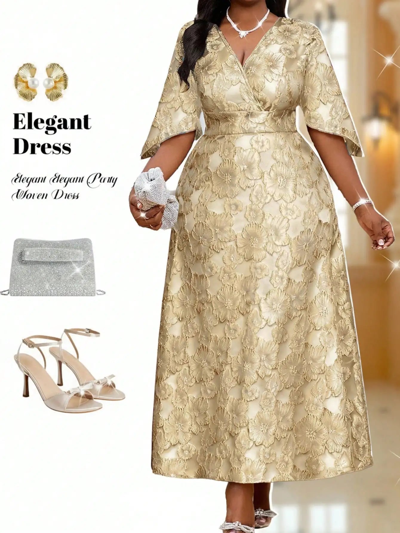 2025 Plus Size V-Neck Floral Gold Embroidered Midi Dress for Party & Christmas
