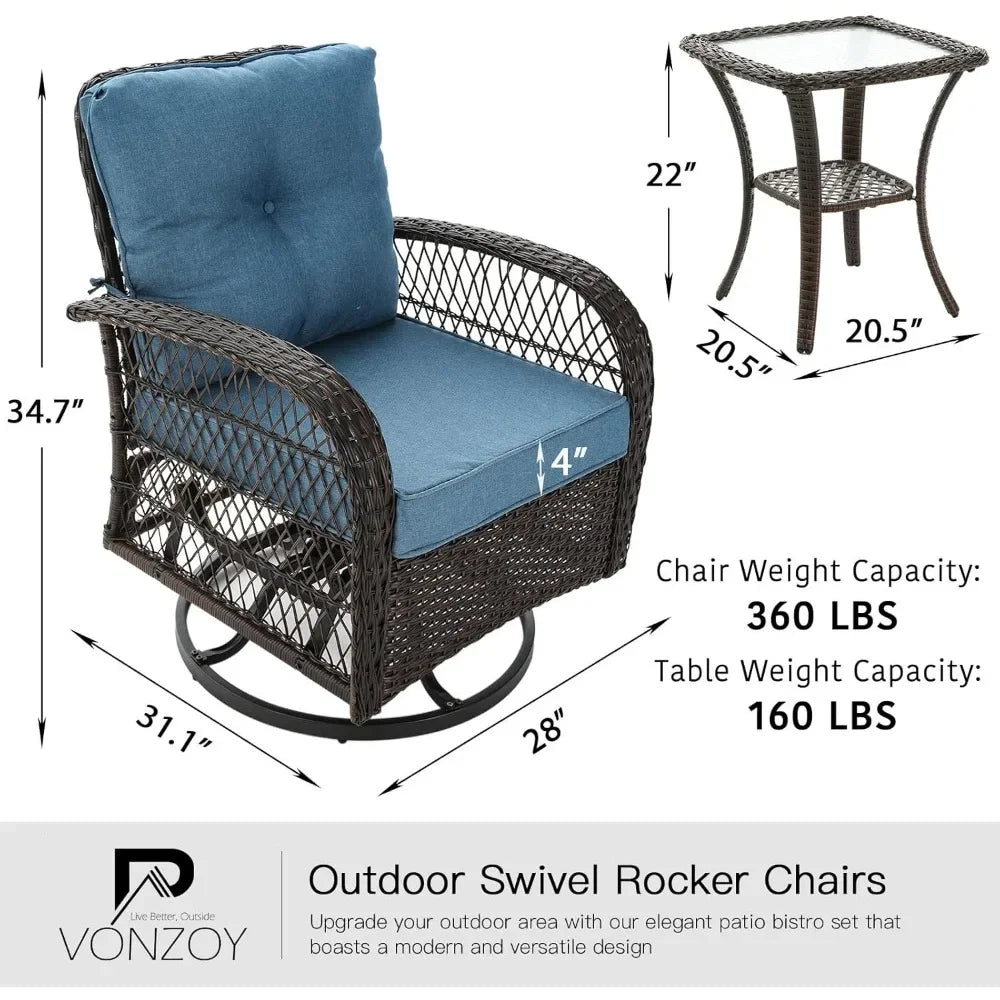 3 Pieces Patio Furniture Set,  Wicker Patio Bistro Set with Rocking Chair, Thickened Cushions and Table for Porch (Blue)