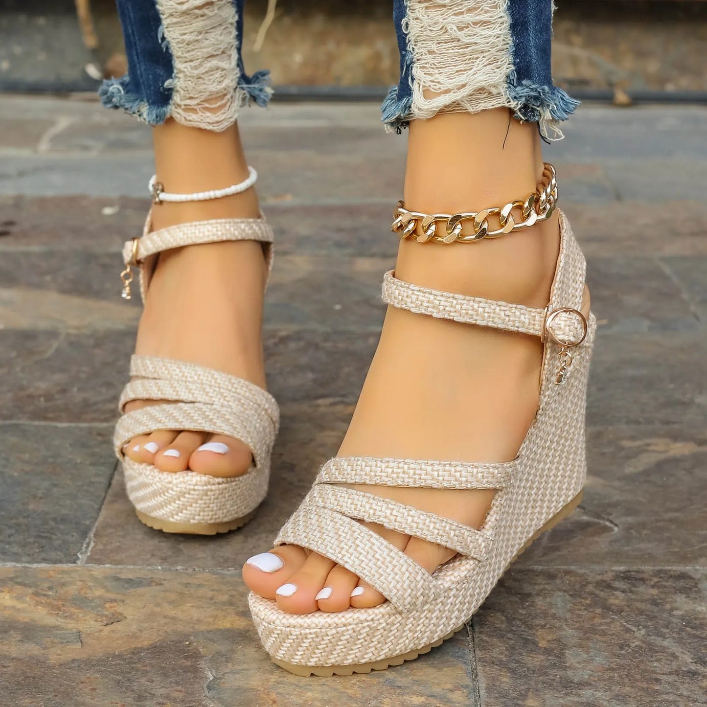 Elegant Woman Heeled Shoes Summer Foreign Trade New Platform Platform Wedge Sandals Women'S Denim Buckle Beach Women'S Sneaker