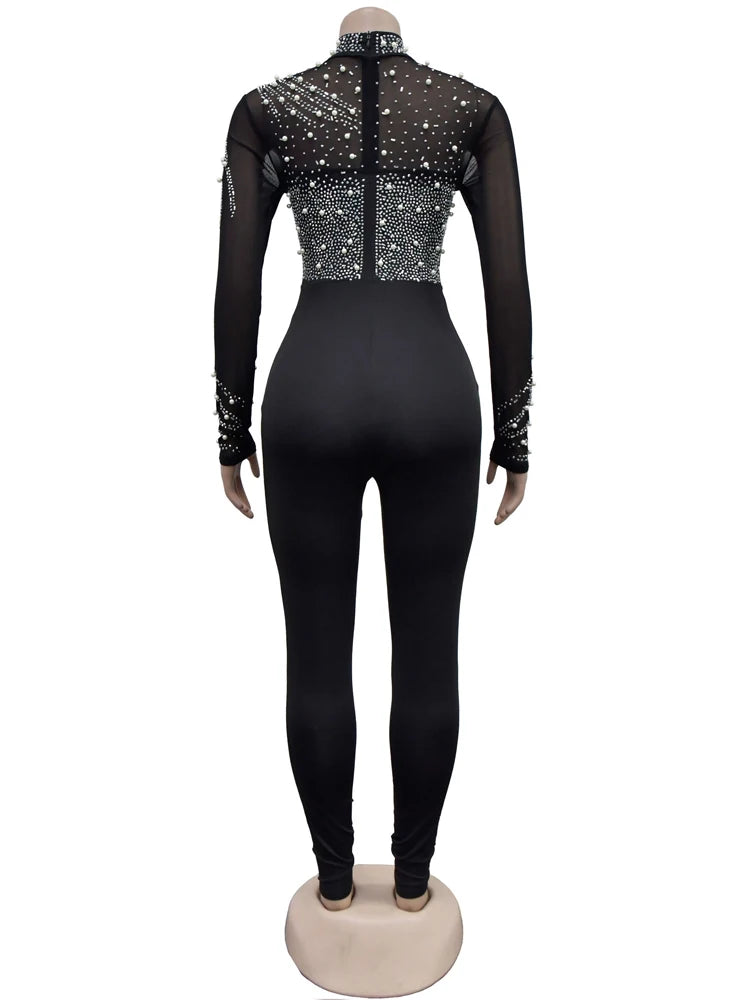 Beyprern Women's Sheer Mesh Crystal Jumpsuits One Piece Outfits Glam Fitted Long Sleeve Pearls Rhinestone Rompers Club Overalls