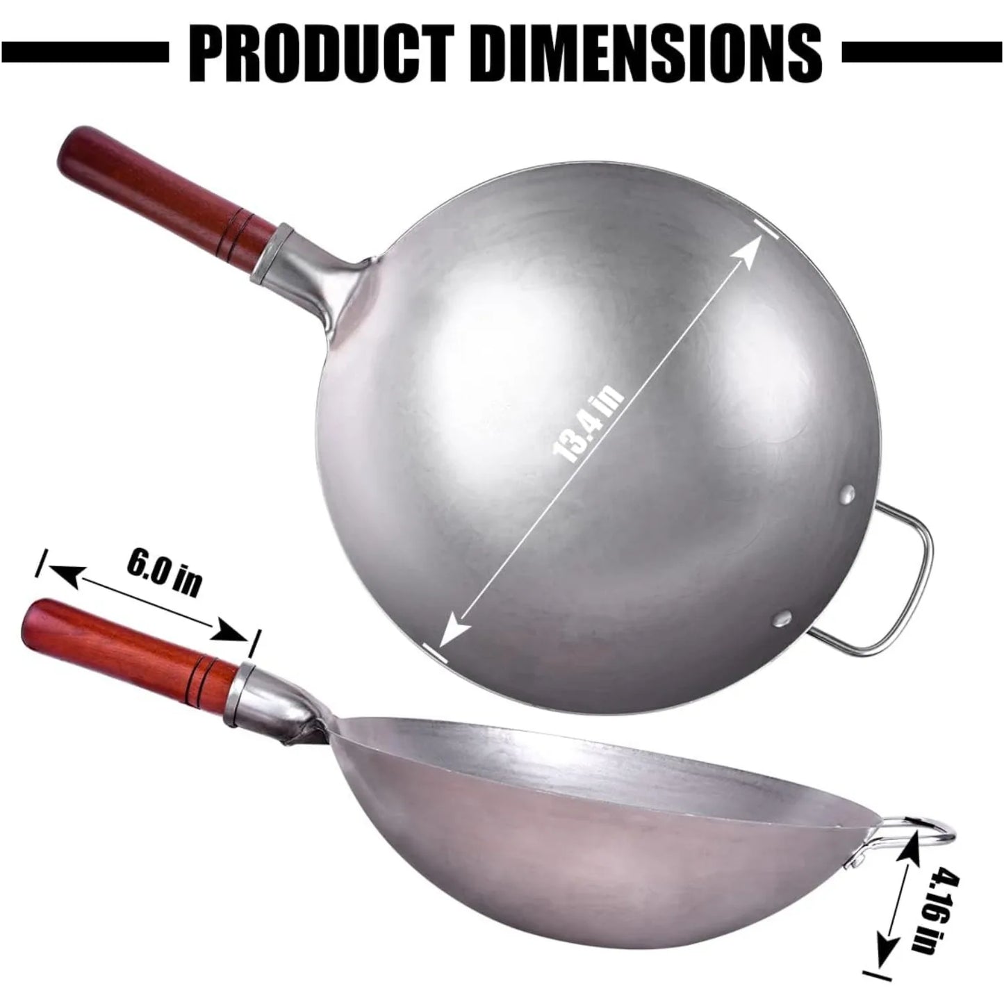 Carbon Steel Wok Traditional Hand Hammered Wok - 13.4" Chinese Wok Round Bottom Wok Pan Set with 8 Pcs Cookware Accessories