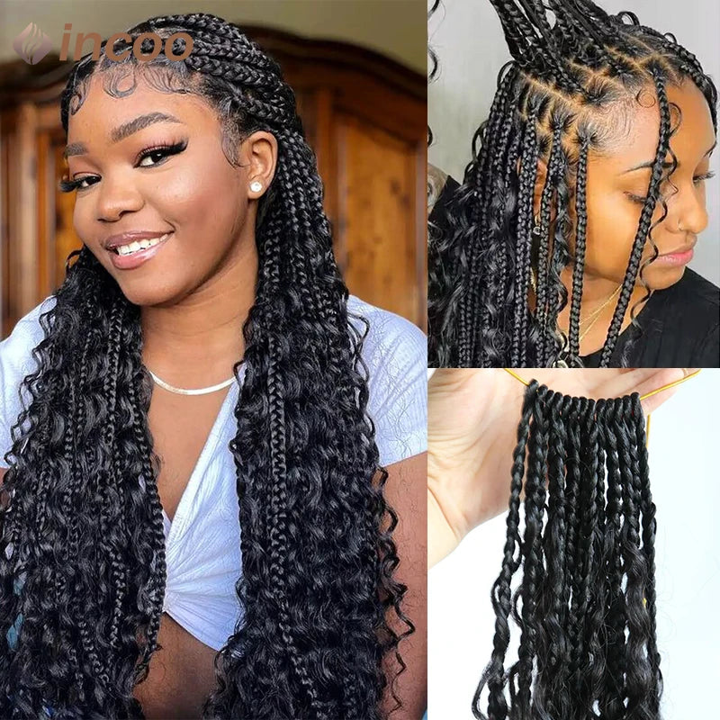Boho Box Braided Wigs Curly Hair Synthetic Full Lace Front Wigs for Black Women Goddess Locs Braid Wig Bohemian Box Braid Wig