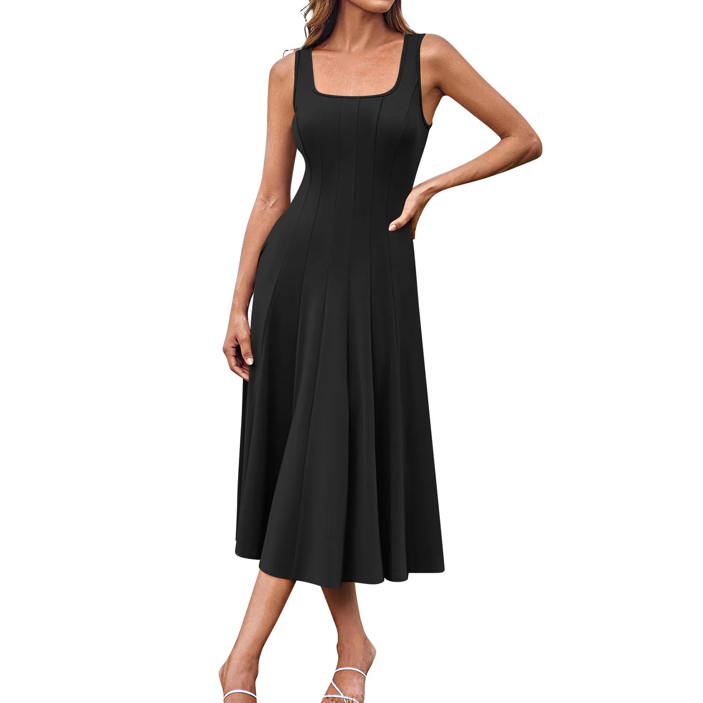Women's Elegant solid color dress Spring Summer Casual Fashion long dresses Round Neck Sleeveless Side Pocket Midi Dress