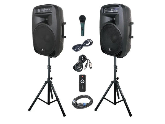 PRORECK Party 15 Portable 15-Inch 2000 Watt 2-Way Powered PA Speaker System Combo Set with Bluetooth/USB/SD Card Reader/FM Radio