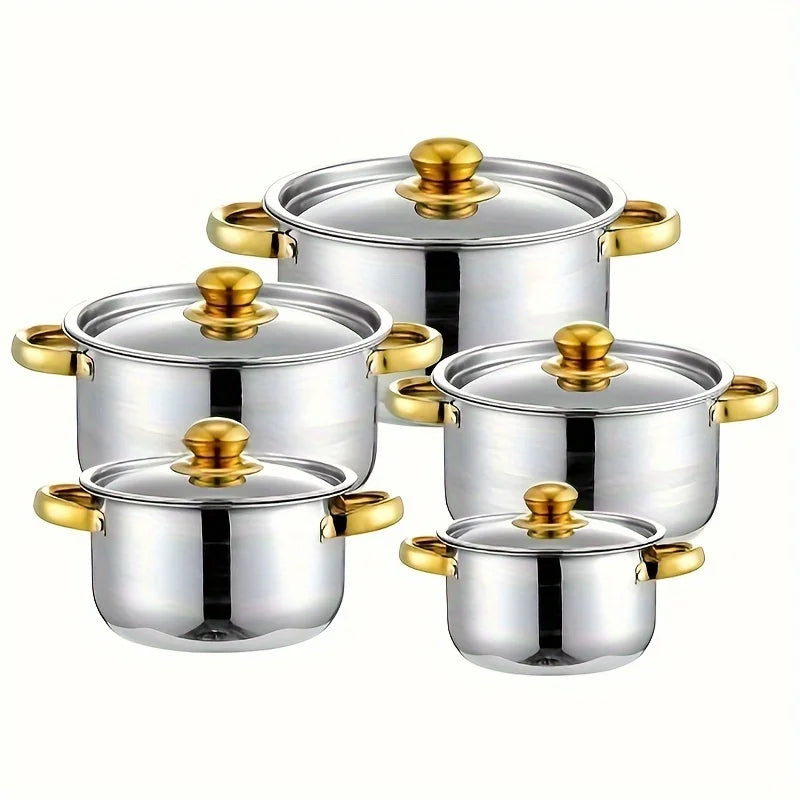 5-Piece Golden Stainless Steel Cookware Set - Durable, Multi-Purpose, Easy to Clean, Compatible with All Stoves, Non-Stick,