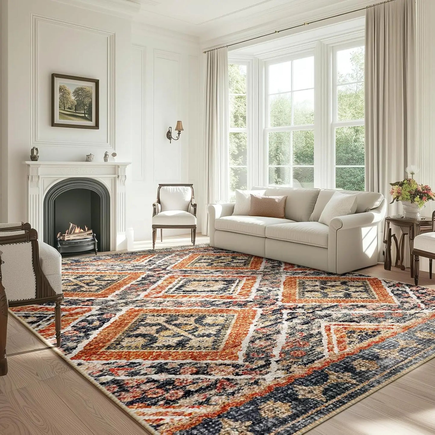 6x9 Area Rug Machine Washable Non-Slip Low Pile Print Pattern Western and Aztec Rug for Living Room Bedroom