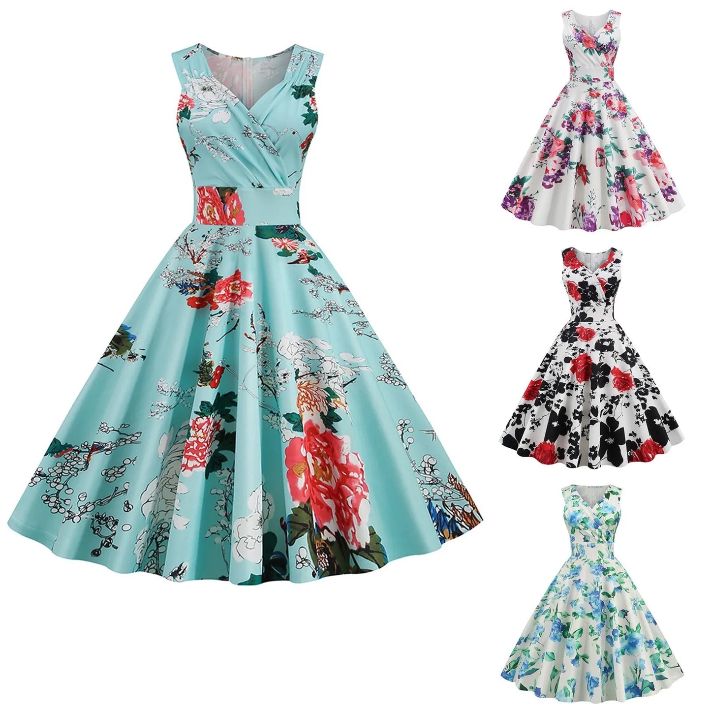 Summer Beach Sundress Women Fashion Sleeveless Sling V-neck Print Floral Higt Waist Long Dress Temperament Elegant Dress Vestido