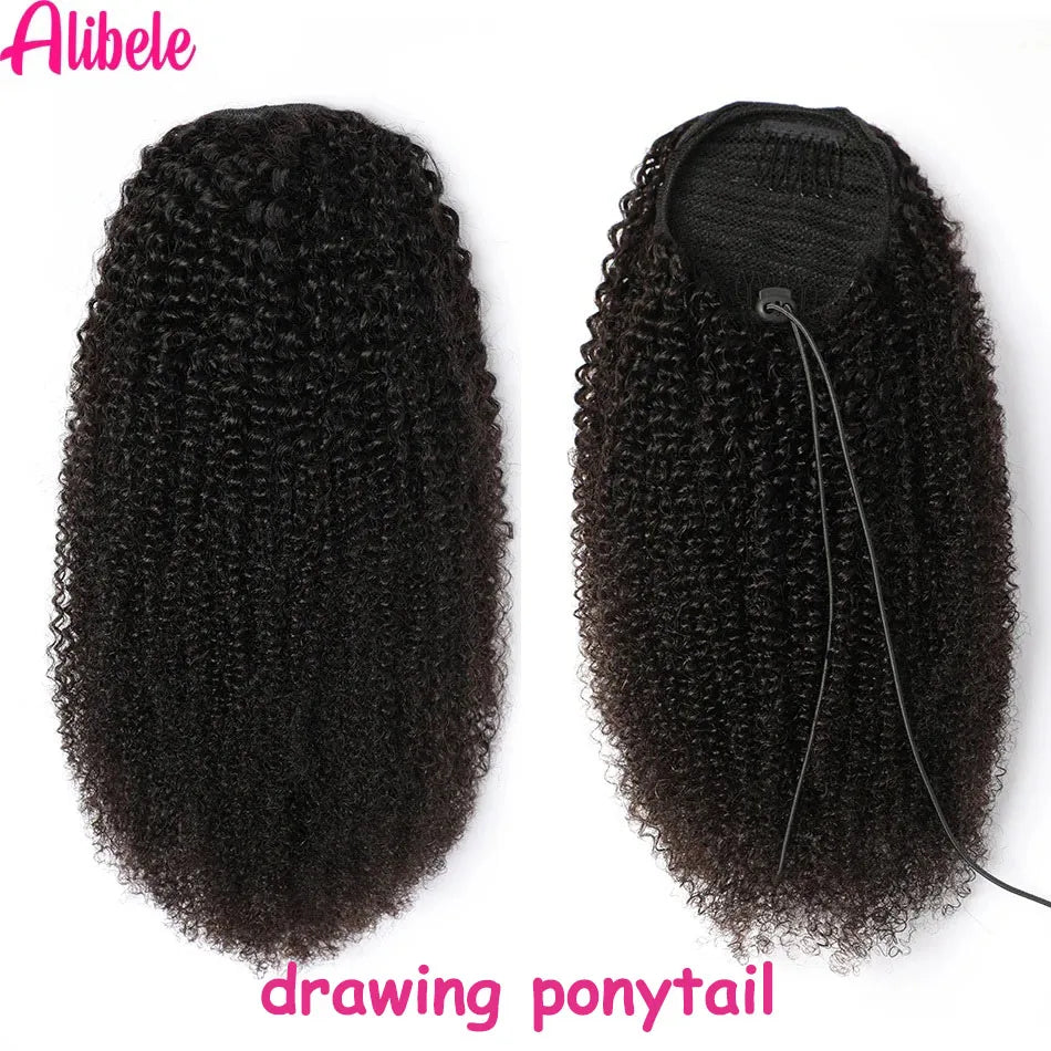 Alibele Afro Kinky Curly Drawstring Ponytail Human Hair Extensions Mongolian 4B 4C Remy 10-28 inch Clips In Wrap Around Ponytail
