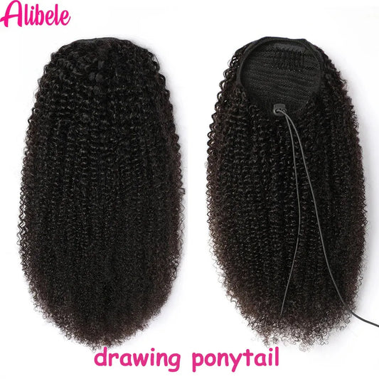 Alibele Afro Kinky Curly Drawstring Ponytail Human Hair Extensions Mongolian 4B 4C Remy 10-28 inch Clips In Wrap Around Ponytail