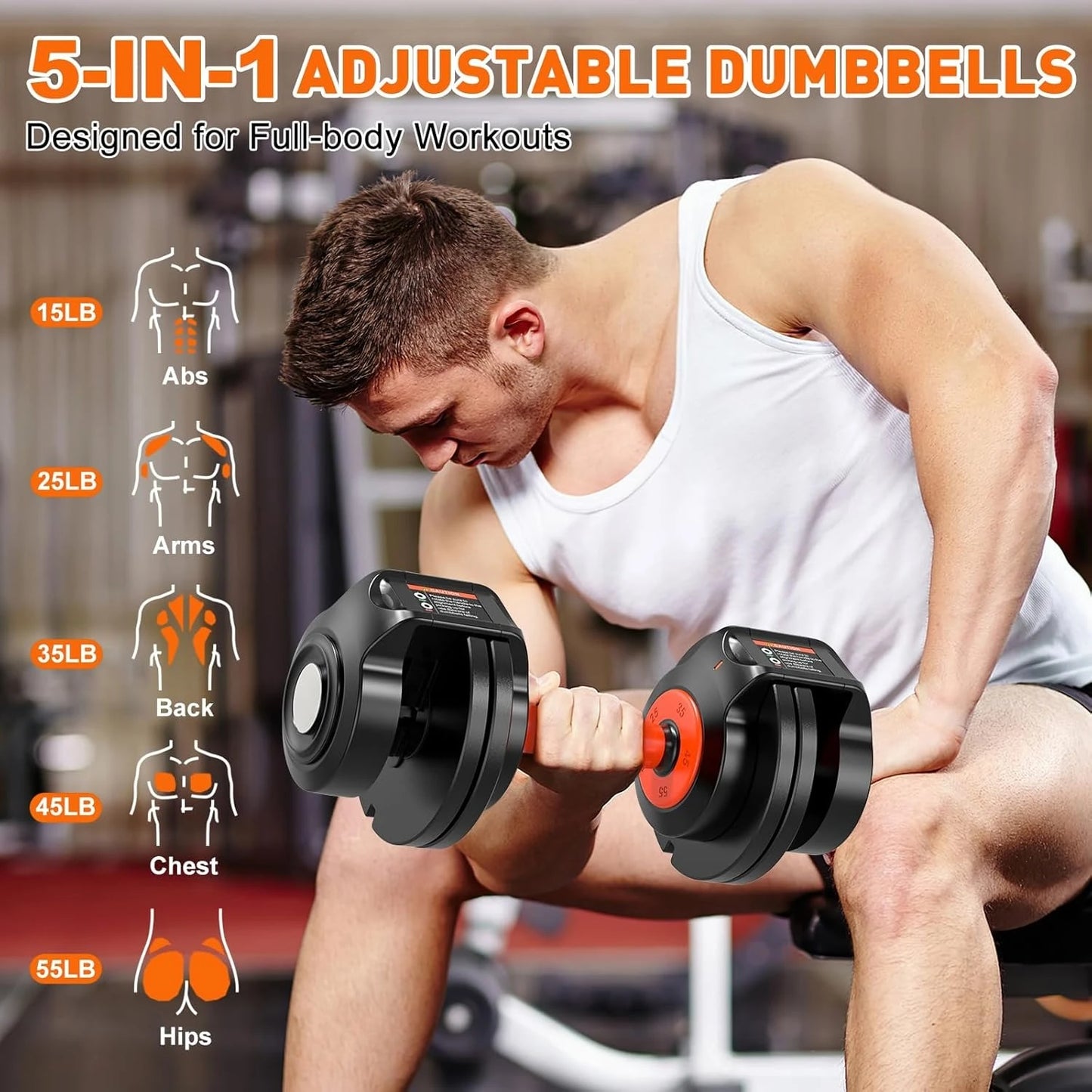 Adjustable Dumbbells Set, 25lbs/55lbs Dumbbell with Anti-Slip Handle, Quick Adjust 5-in-1 Weights Set, Compact Home