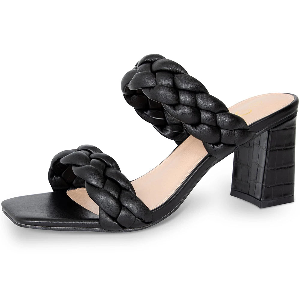 Elegant Women's Braided Heels Sandalias Fashion Strappy Square Sandals Open Toe Backless Mules Slip On Block Heeled Shoes