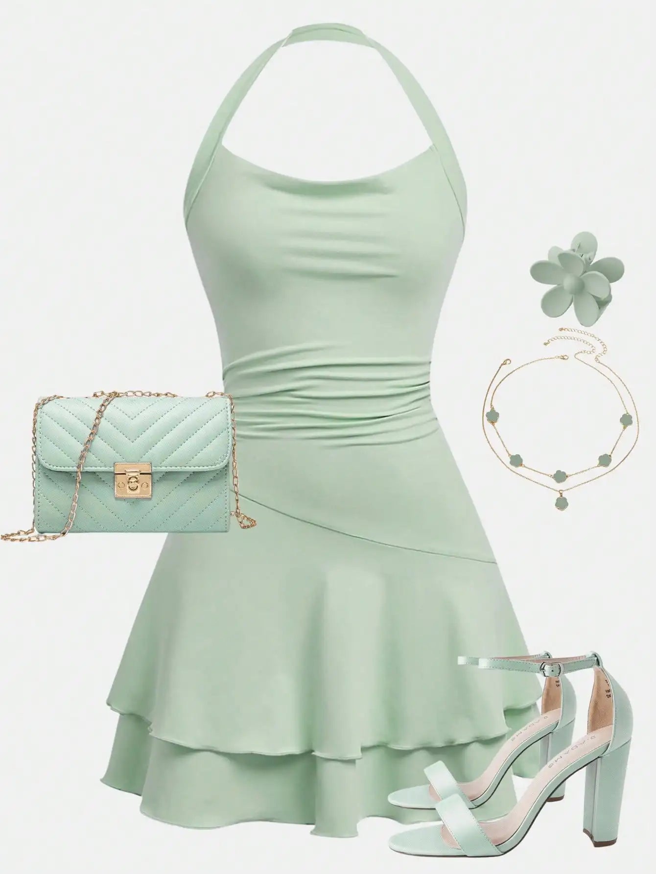 Pink Halter Neck Ruffle Hem Skater Dress for Teen Girls