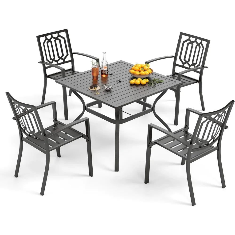 5-Piece Metal Patio Outdoor Table and Chairs Outdoor Dining Set - 37"Square Patio Table w/1.57"Umbrella Hole and4Backyard Garden