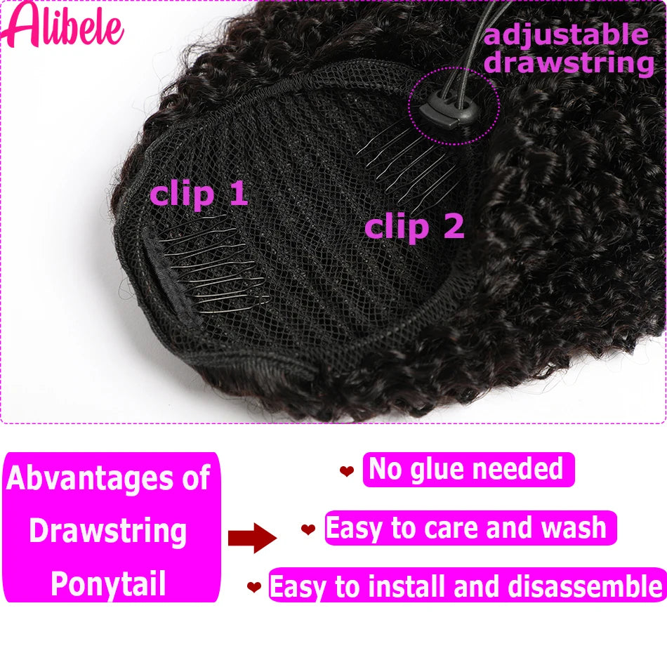 Alibele Afro Kinky Curly Drawstring Ponytail Human Hair Extensions Mongolian 4B 4C Remy 10-28 inch Clips In Wrap Around Ponytail
