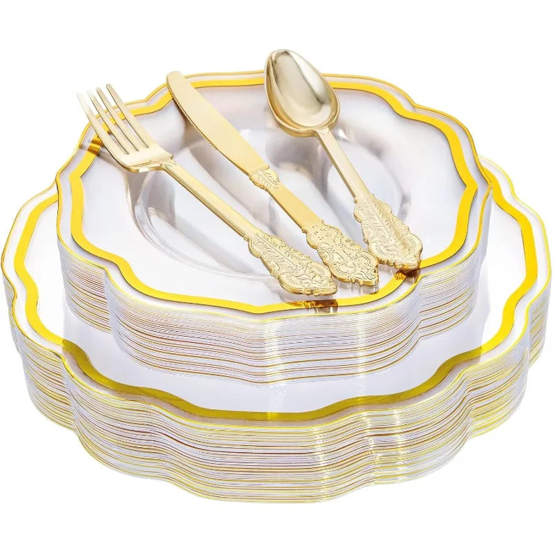 150PCS Rose Gold Plastic Plates&Rose Gold Silverware-Include 30Dinner Plates, 30Salad plates, 90 Disposable Rose Gold Utensils