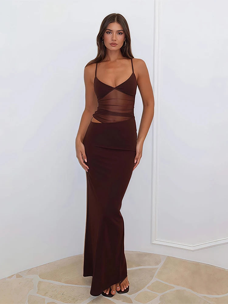 Elegant Mesh Elastic Suspender Waist Women's Long Dress With Low Neck Exposed Waist Split Robe 2025 Summer Beach Party Dresses
