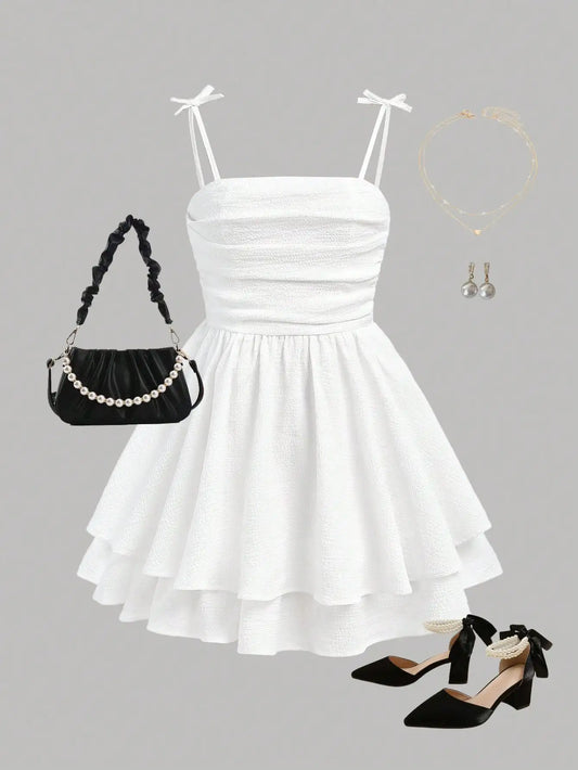 Mint Green Ruched Strap Dress with Tiered Skirt for Teen Girls